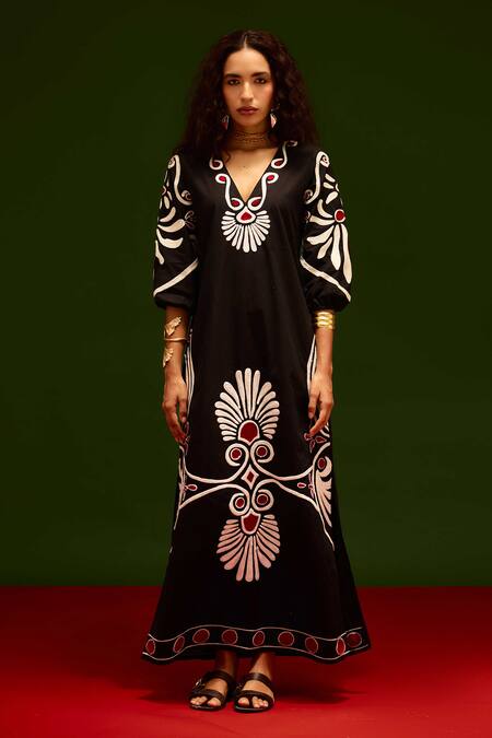 Indian Summer Story_Black Cotton Embroidery V-neck Botanical Maxi Thread Dress _Online_at_Aza_Fashions