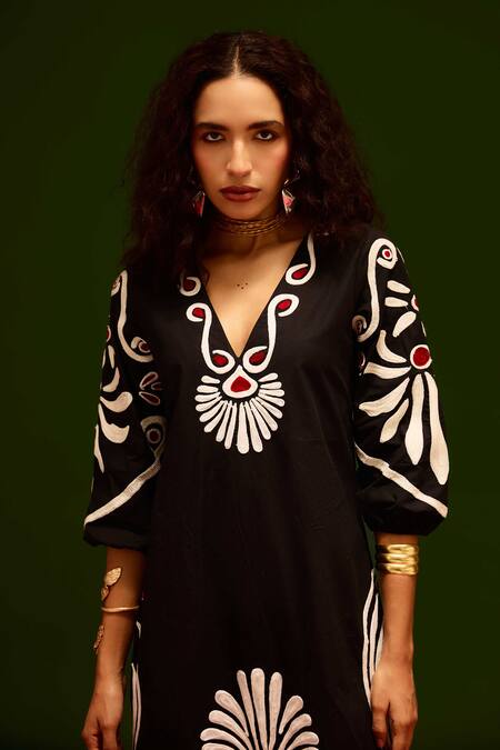 Indian Summer Story_Black Cotton Embroidery V-neck Botanical Maxi Thread Dress _at_Aza_Fashions