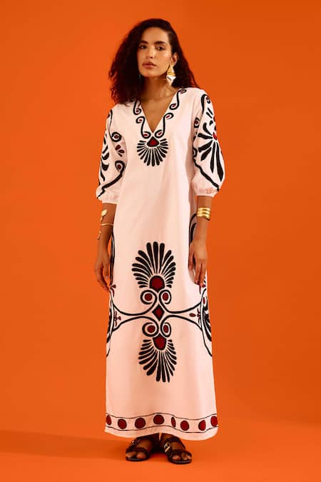 Indian Summer Story Ivory Cotton, Poplin Embroidery Split V-neck Botanical Thread Dress 