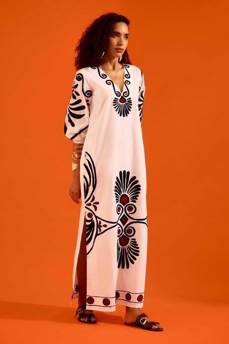 Indian Summer Story_Ivory Cotton, Poplin Embroidery Split V-neck Botanical Thread Dress _Online_at_Aza_Fashions