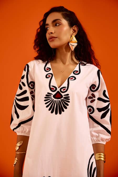 Shop_Indian Summer Story_Ivory Cotton, Poplin Embroidery Split V-neck Botanical Thread Dress _Online_at_Aza_Fashions