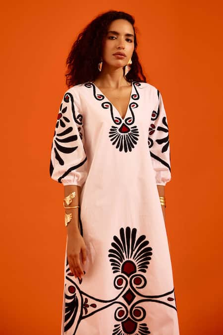 Indian Summer Story_Ivory Cotton, Poplin Embroidery Split V-neck Botanical Thread Dress _at_Aza_Fashions