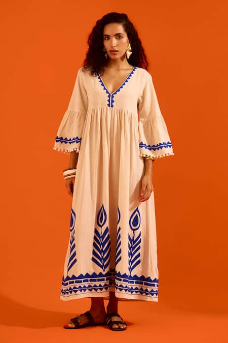Indian Summer Story Beige Embroidery, Pom-poms V-neck Petal Thread Dress 