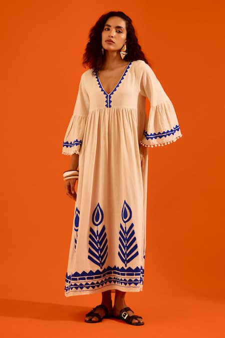 Indian Summer Story_Beige Embroidery, Pom-poms V-neck Petal Thread Dress _Online_at_Aza_Fashions