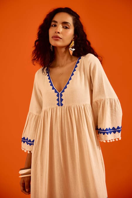 Buy_Indian Summer Story_Beige Embroidery, Pom-poms V-neck Petal Thread Dress _Online_at_Aza_Fashions