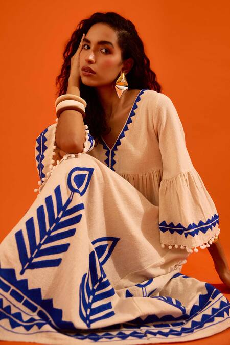 Shop_Indian Summer Story_Beige Embroidery, Pom-poms V-neck Petal Thread Dress _Online_at_Aza_Fashions