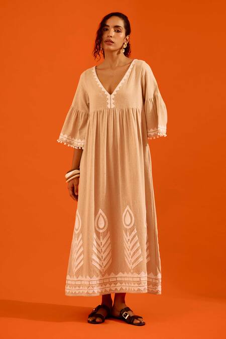 Buy_Indian Summer Story_Beige Embroidery, Pom-poms V-neck Petal Thread Dress _Online_at_Aza_Fashions