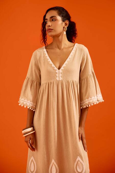Shop_Indian Summer Story_Beige Embroidery, Pom-poms V-neck Petal Thread Dress _Online_at_Aza_Fashions