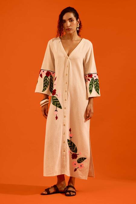 Indian Summer Story_Beige Embroidery V-neck Floral Thread Dress _Online_at_Aza_Fashions