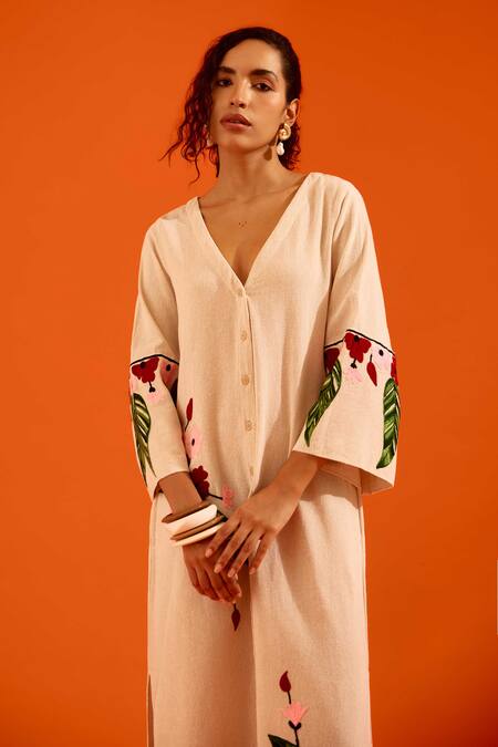 Buy_Indian Summer Story_Beige Embroidery V-neck Floral Thread Dress _Online_at_Aza_Fashions