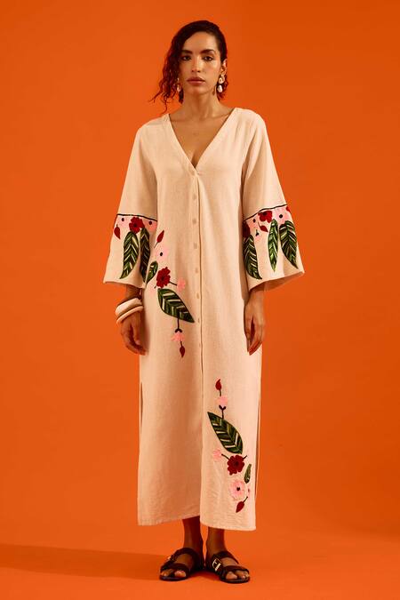 Shop_Indian Summer Story_Beige Embroidery V-neck Floral Thread Dress _Online_at_Aza_Fashions