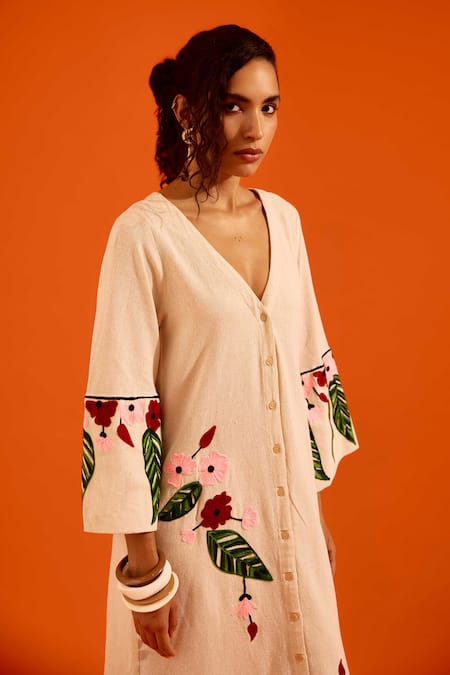 Indian Summer Story_Beige Embroidery V-neck Floral Thread Dress _at_Aza_Fashions