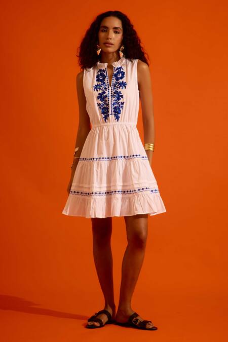 Indian Summer Story_Ivory Cotton Embroidery Split V-neck Botanica Thread Dress _Online_at_Aza_Fashions