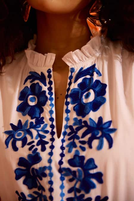 Shop_Indian Summer Story_Ivory Cotton Embroidery Split V-neck Botanica Thread Dress _Online_at_Aza_Fashions