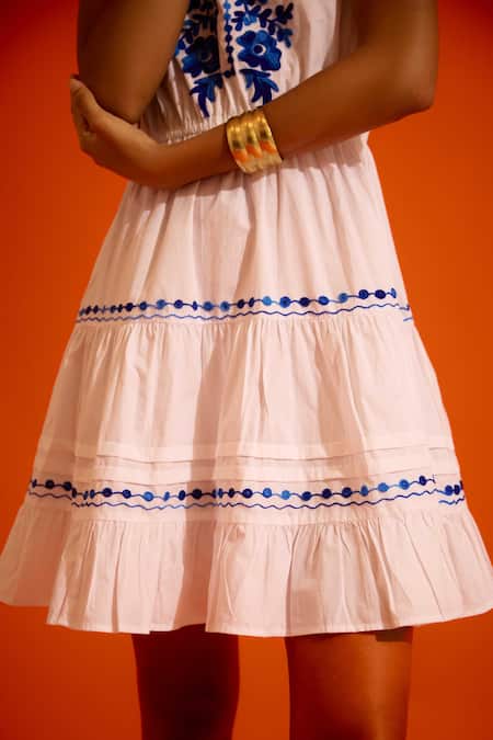 Indian Summer Story_Ivory Cotton Embroidery Split V-neck Botanica Thread Dress _at_Aza_Fashions