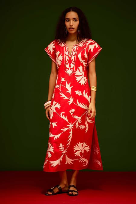Indian Summer Story Red Cotton Embroidery V-neck Garden Thread Dress 