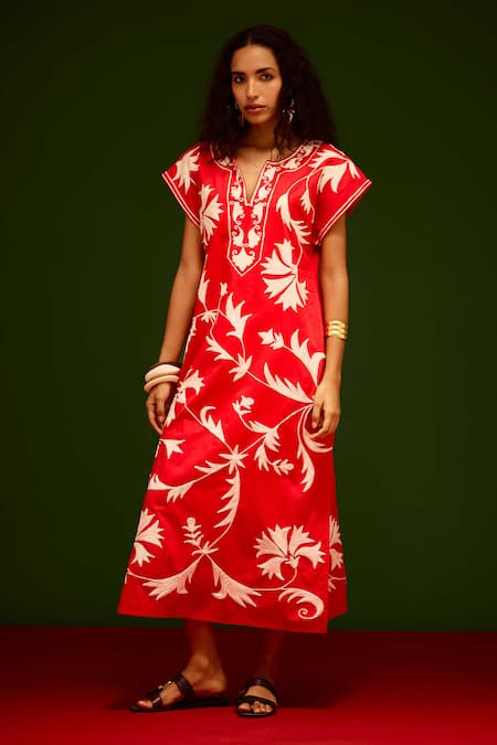 Indian Summer Story_Red Cotton Embroidery V-neck Garden Thread Dress _Online_at_Aza_Fashions