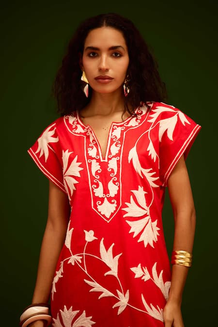 Buy_Indian Summer Story_Red Cotton Embroidery V-neck Garden Thread Dress _Online_at_Aza_Fashions