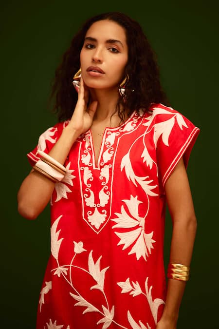 Shop_Indian Summer Story_Red Cotton Embroidery V-neck Garden Thread Dress _Online_at_Aza_Fashions