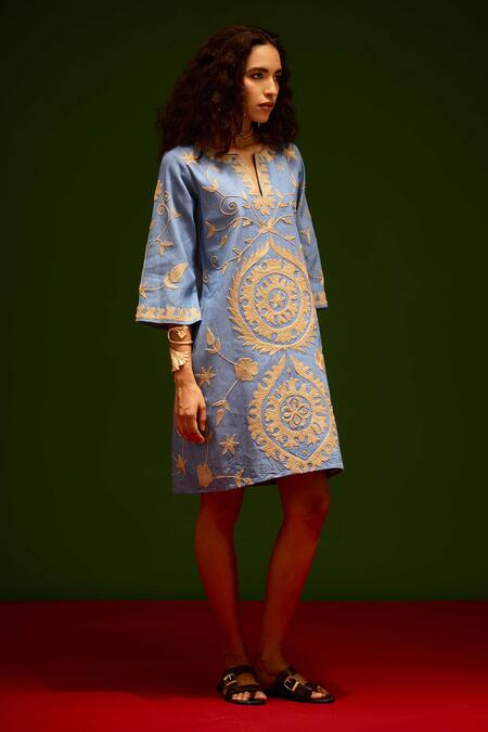 Indian Summer Story_Blue Denim Embroidery, Metallic Thread V-neck Dress _Online_at_Aza_Fashions