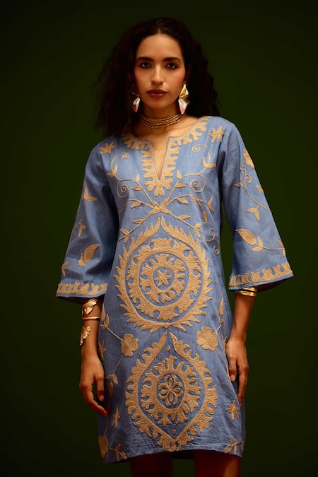Buy_Indian Summer Story_Blue Denim Embroidery, Metallic Thread V-neck Dress _Online_at_Aza_Fashions