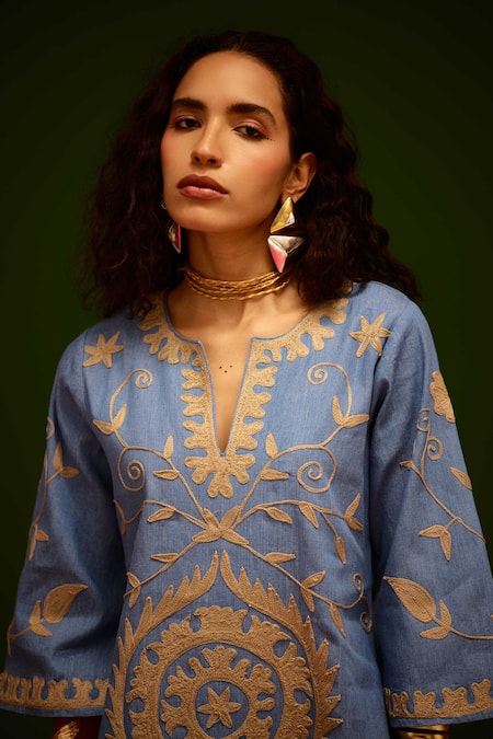 Shop_Indian Summer Story_Blue Denim Embroidery, Metallic Thread V-neck Dress _Online_at_Aza_Fashions