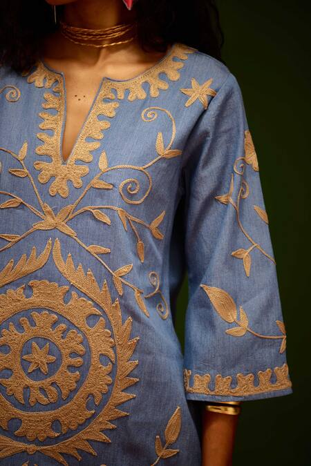 Indian Summer Story_Blue Denim Embroidery, Metallic Thread V-neck Dress _at_Aza_Fashions