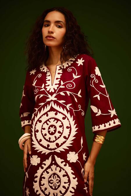 Buy Indian Summer Story Maroon Denim Embroidery Split V-neck Thread Dress Online at Aza Fashions Buy_Indian Summer Story_Maroon Denim Embroidery Split V-neck Thread Dress _Online_at_Aza_Fashions