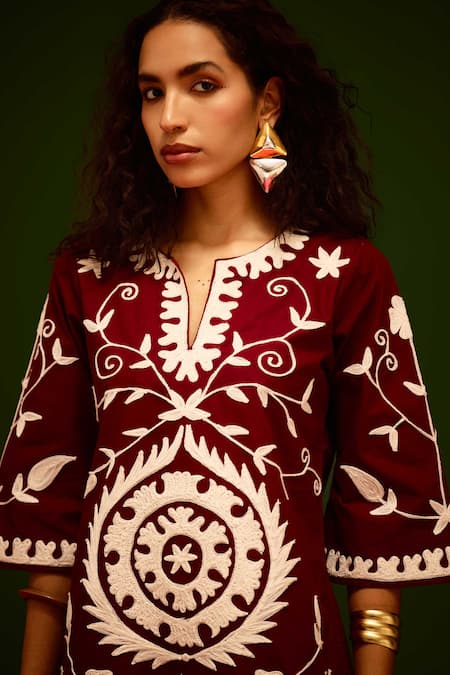 Shop Indian Summer Story Maroon Denim Embroidery Split V-neck Thread Dress Online at Aza Fashions Shop_Indian Summer Story_Maroon Denim Embroidery Split V-neck Thread Dress _Online_at_Aza_Fashions