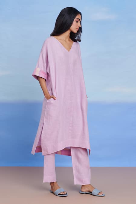 Buy_Saphed_Lilac Linen V-neck Dolman Kurta Set 