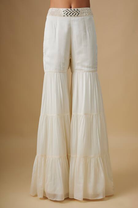 Asaga_Ivory Satin, Organza, Chinon, Tulle Mirrors Seabryn Work Cape Sharara Set _Online_at_Aza_Fashions