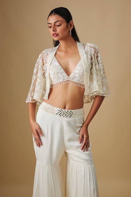 Buy_Asaga_Ivory Satin, Organza, Chinon, Tulle Mirrors Seabryn Work Cape Sharara Set _Online_at_Aza_Fashions