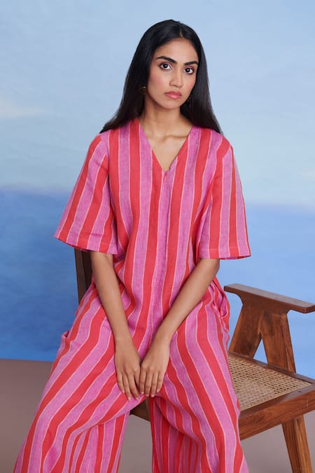 Saphed_Pink Linen V-neck Amalfi Half Sleeves Flared Jumpsuit _at_Aza_Fashions