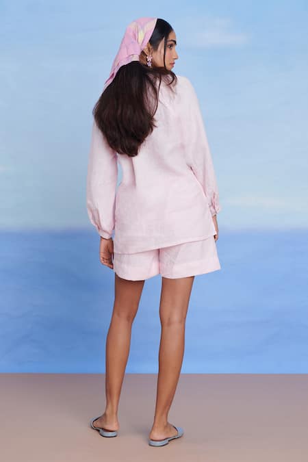 Shop Saphed Pink Linen Embroidery Split V-neck Fleur Billow Top at Aza Fashions Shop_Saphed_Pink Linen Embroidery Split V-neck Fleur Billow Top _at_Aza_Fashions