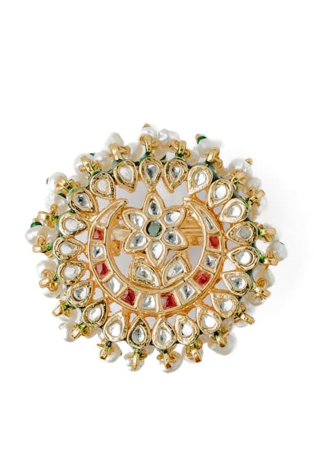 Shop Vivinia By Vidhi Mehra Gold Plated Pearls, Stones Saadgi Floral Embellished Ring at Aza Fashions Shop_Vivinia By Vidhi Mehra_Gold Plated Pearls, Stones Saadgi Floral Embellished Ring _at_Aza_Fashions