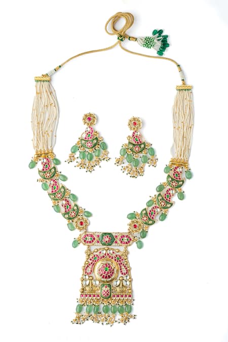 Shop Vivinia By Vidhi Mehra Multi Color Stones, Pearls, Beads Kundan Floral Embellished Necklace Set at Aza Fashions Shop_Vivinia By Vidhi Mehra_Multi Color Stones, Pearls, Beads Kundan Floral Embellished Necklace Set _at_Aza_Fashions