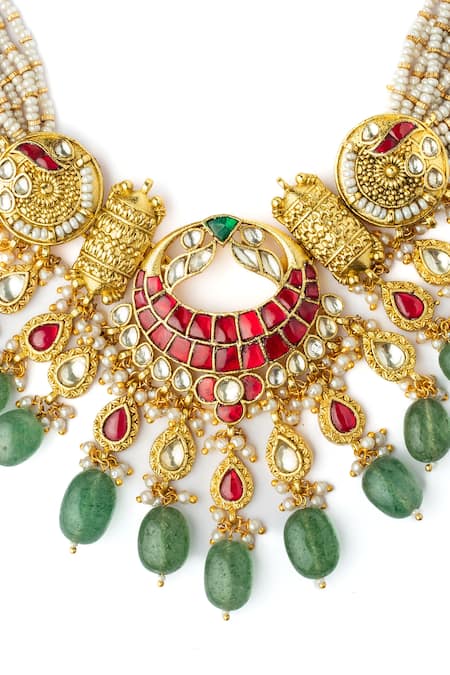 Vivinia By Vidhi Mehra_Multi Color Stones, Pearls Kundan Embellished Necklace Set _Online_at_Aza_Fashions