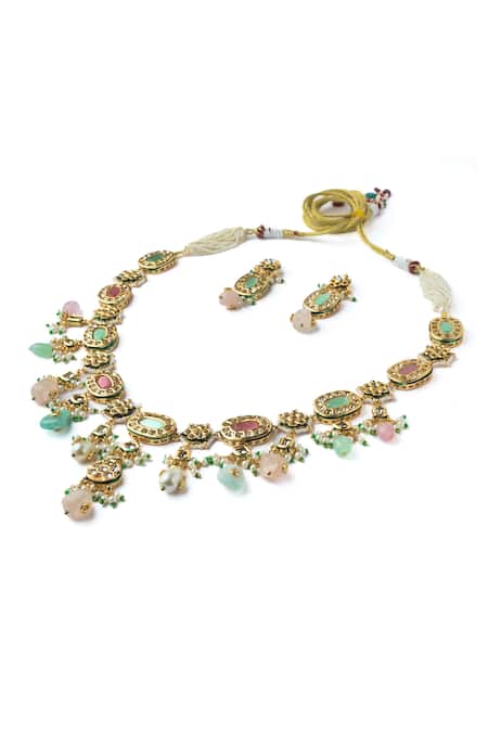 Vivinia By Vidhi Mehra Multi Color Stones, Pearls, Beads Polki Embellished Necklace Set 