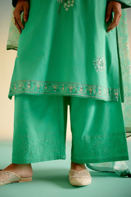 Shetab Kazmi_Green Cotton Embroidery, Tassels Mandarin Collar Kurta Pant Set _at_Aza_Fashions