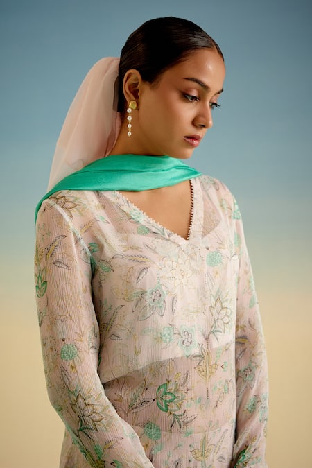 Shop_Shetab Kazmi_Pink Cotton Embroidery, Tassels V-neck Botanical Print Kurta Set _Online_at_Aza_Fashions