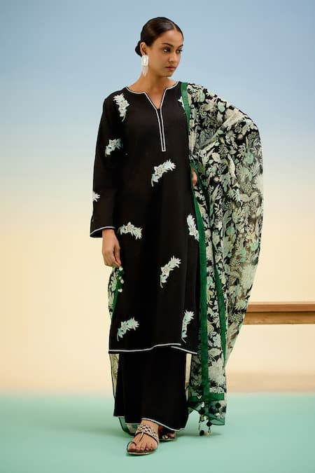 Shetab Kazmi Black Cotton Embroidery, Piping, Tassels Split V-neck Kurta Set 