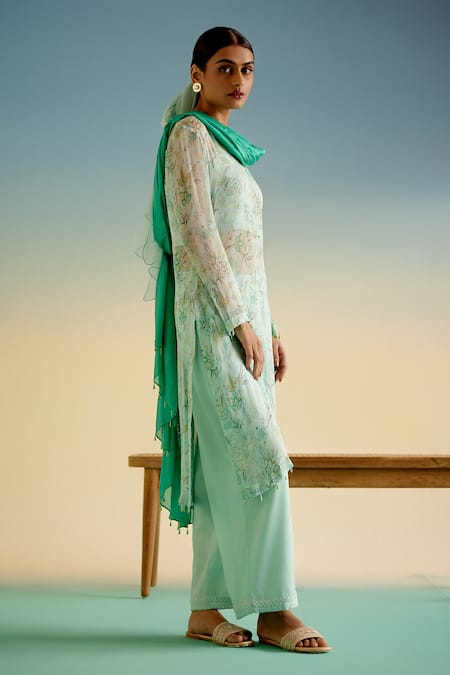 Shetab Kazmi_Green Cotton Embroidery Round Neck Printed Kurta Set _Online_at_Aza_Fashions