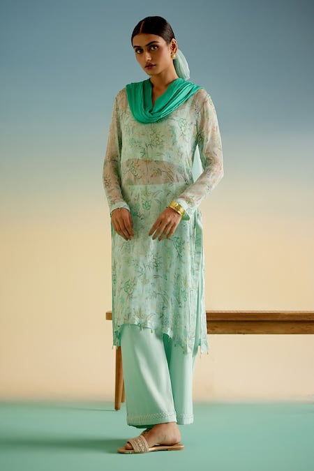 Buy_Shetab Kazmi_Green Cotton Embroidery Round Neck Printed Kurta Set _Online_at_Aza_Fashions