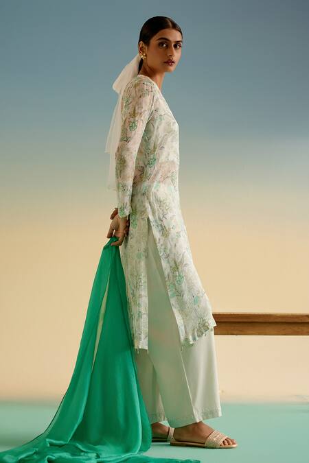 Shetab Kazmi_White Cotton Embroidery V-neck Floral Print Kurta Pant Set _Online_at_Aza_Fashions