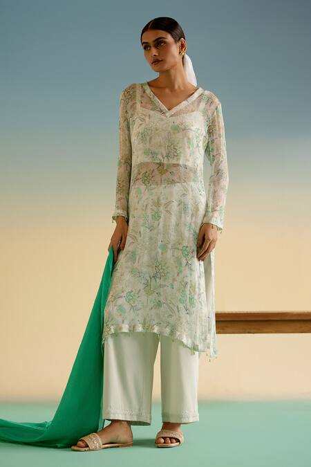 Buy_Shetab Kazmi_White Cotton Embroidery V-neck Floral Print Kurta Pant Set _Online_at_Aza_Fashions