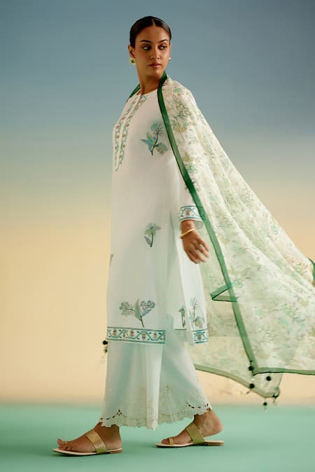 Shop_Shetab Kazmi_White Cotton Embroidery, Tassels Round Neck Kurta Pant Set _Online_at_Aza_Fashions