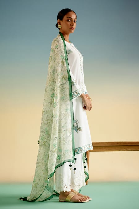 Shetab Kazmi_White Cotton Embroidery, Tassels Round Neck Kurta Pant Set _at_Aza_Fashions