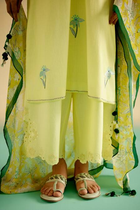 Shop_Shetab Kazmi_Yellow Cotton Embroidery, Cut Work, Tassels Split V-neck Flower Kurta Set _Online_at_Aza_Fashions