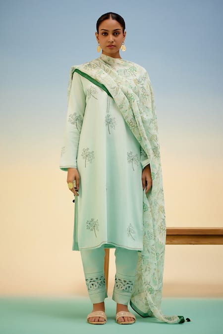 Shetab Kazmi Aqua Cotton Embroidery, Cut Work, Tassels Round Neck Kurta Pant Set 
