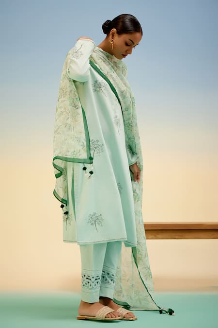 Shetab Kazmi_Aqua Cotton Embroidery, Cut Work, Tassels Round Neck Kurta Pant Set _Online_at_Aza_Fashions
